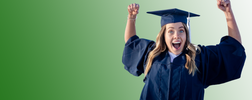 Cute Young woman in her graduation cap and gown showing excitement after graduating. Girl cutout on a white background. Showing Real emotion after finishing her degree